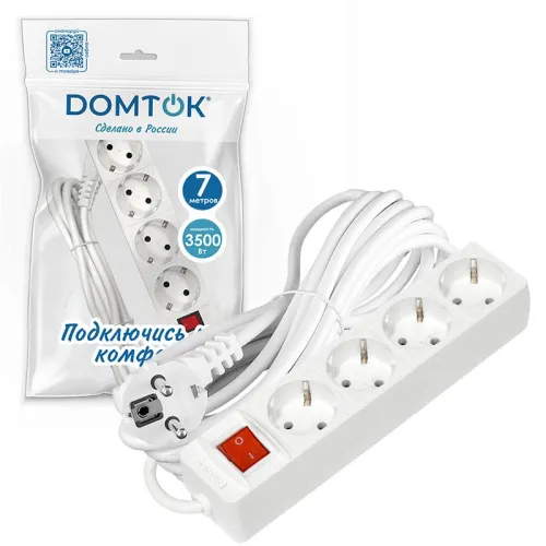 Удлинитель 4х7м с заземл. 16А IP20 3х1 с выкл. бел. DOMTOK 2501 фото 3