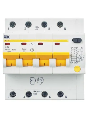 Выключатель автоматический дифференциального тока 4п C 6А 10мА тип AC 4.5кА АД-14 KARAT IEK MAD10-4-006-C-010 фото 4