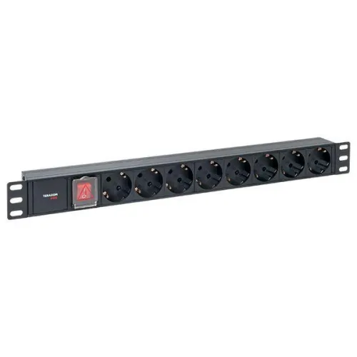 Блок PDU TERACOM PRO 19дюйм 1U 10А/250В 8 роз. Schuko с выключат. без шнура питания вх. разъем C14 корпус алюм. черн. EKF TRP-HPD-LS-10A-8SH-C14