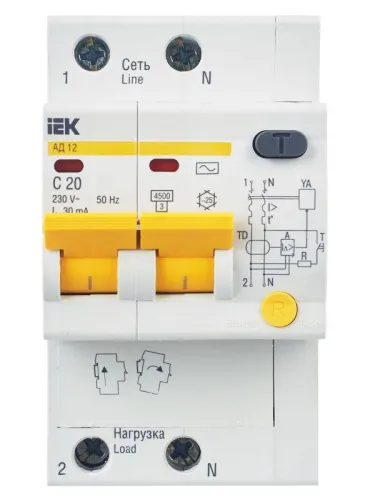 Выключатель автоматический дифференциального тока 2п C 20А 30мА тип AC 4.5кА АД-12 KARAT IEK MAD10-2-020-C-030 фото 4
