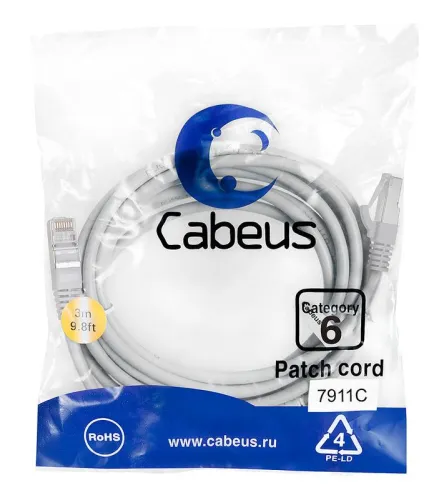 Патч-корд F/UTP кат.6 PC-FTP-RJ45-Cat.6-3m-LSZH 2xRJ45/8p8c экранир. LSZH 3м сер. Cabeus 7911c