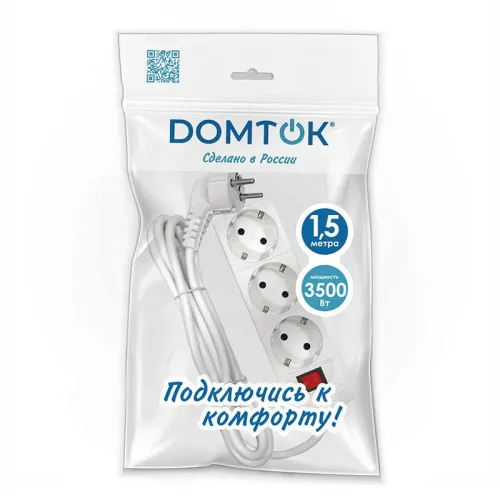Удлинитель 3х1.5м с заземл. 16А IP20 3.5кВт ПВС 3х1 с выкл. бел. DOMTOK 2379