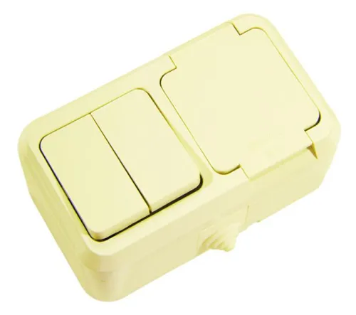Блок выключатель 2-кл. + розетка с крышкой IP44 крем. Makel 18251