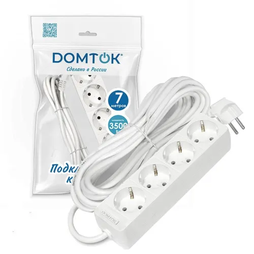 Удлинитель 4х7м с заземл. 16А IP20 3.5кВт ПВС 3х1 бел. DOMTOK 2398 фото 2