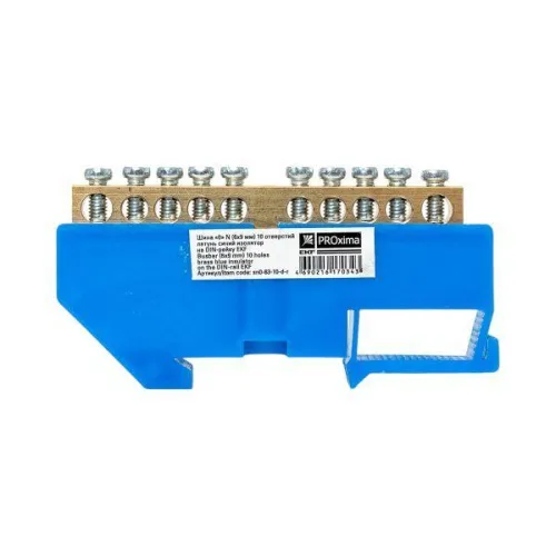 Шина нулевая N 6х9 10 отверстий синий изолятор на DIN-рейку латунь розн. стикер PROxima EKF sn0-63-10-d-r фото 5