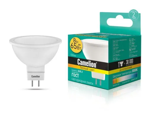 Лампа светодиодная LED8-S108/830/GU5.3 8Вт рефлектор матовая 3000К тепл. бел. GU5.3 150-265В Camelion 12871 фото 3