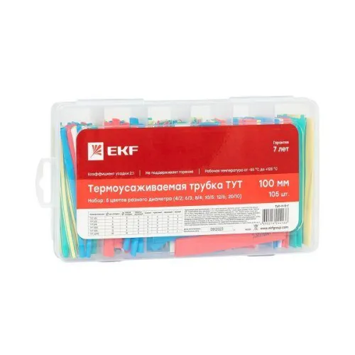 Набор трубок термоусадочных ТУТ 4/2; 6/3; 8/4; 10/5; 12/6; 20/10 100мм бокс 5 цветов 105шт PROxima EKF tut-n-5-r фото 7