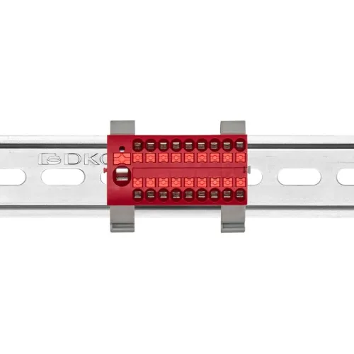 Блок распределительный с горизонт. адаптером на рейку шир. 35мм зажим push-in 1 ввод 6кв.мм 18 точек подключения 2.5кв.мм красн. DKC DTP1-118-104SPUR-H фото 2