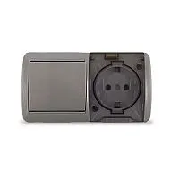 Блок ОП Клио 1-кл. выкл. 10А + розетка 1-м 16А 250В с заземл. с прозр. крышкой сер. Universal К2237-Gr