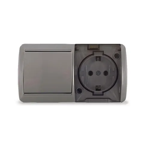 Блок ОП Клио 1-кл. выкл. 10А + розетка 1-м 16А 250В с заземл. с прозр. крышкой сер. Universal К2237-Gr