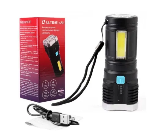 Фонарь аккумуляторный LED51525 4В 4LED+COB 3Вт 4 реж. Micro USB черн. (бокс) Ultraflash 15195