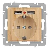 Розетка 1-м СП Accent 6-410-11 16А IP20 250В P+E Schuko + 2хUSB защ. шторки сосна Intro Б0063720