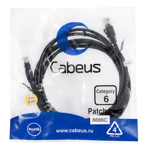 Патч-корд U/UTP кат.6 PC-UTP-RJ45-Cat.6-3m-BK 2xRJ45/8p8c неэкранир. PVC 3м черн. Cabeus 8666c