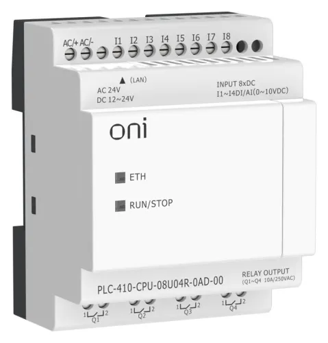 Модуль ЦПУ ПЛК 410 4 DI 4 UI (0-10 В/DI) 4 RO 12В-24В DC или 24В AC с Ethernet портом без экрана ONI PLC-410-CPU-08U04R-0AD-00