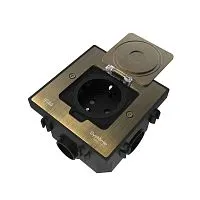 Лючок MultiDesk MDK21 с розеткой 2P+E 16А 250В IP44 с монтажной коробкой для бетонных полов античная латунь SE MDK21202BC