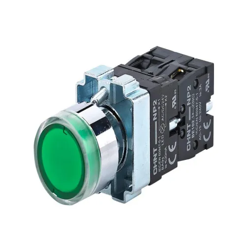 Кнопка управления NP2-BW3365 плоская 1НО+1НЗ AC/DC230В (LED) IP40 (R) зел. CHINT 574365