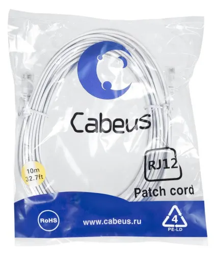 Патч-корд телефонный PC-TEL-RJ12-10m 2х6р4с PVC 10м бел. Cabeus 7892c