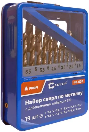 Набор сверл по металлу Profi 1-10мм (через 0.5мм) с кобальтом 5проц. в метал. коробке (19шт) Cutop 48-602 фото 2