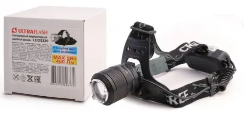 Фонарь налобный аккумуляторный LED5339 3.7В LED+син. LED 5Вт фокус 2 ак. 4 реж USB черн. Ultraflash 15041