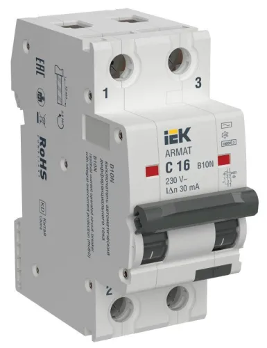 Выключатель автоматический дифференциального тока ARMAT B10N 2P C16 30мА тип AC IEK AR-B10N-2-C016C030