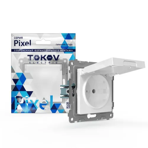 Розетка 1-м СП Pixel IP44 с заземл. защ. шторки с крышкой механизм бел. TOKOV ELECTRIC TKE-PX-R1ZSW1-C01-IP44