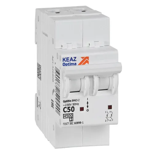 Выключатель автоматический модульный 2п C 50А 4.5кА OptiDin BM63-2C50-4.5-УХЛ3 КЭАЗ 326808