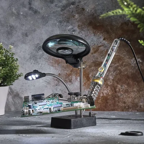 Держатель "третья рука" с лупой х2.5 подставка под паяльник LED подсветка Rexant 12-0250 фото 14