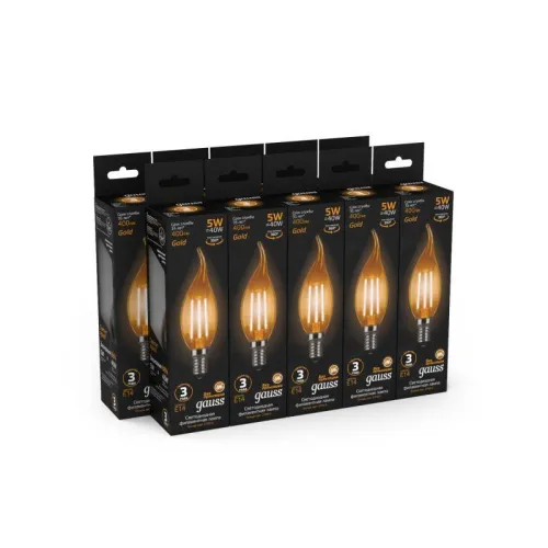 Лампа светодиодная филаментная Black Filament 5Вт свеча на ветру золотая 2700К тепл. бел. E14 400лм GAUSS 104801005 фото 5