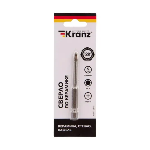 Сверло по стеклу и керамике 5мм 4 грани шестигранный хвостовик Kranz KR-91-0648 фото 2