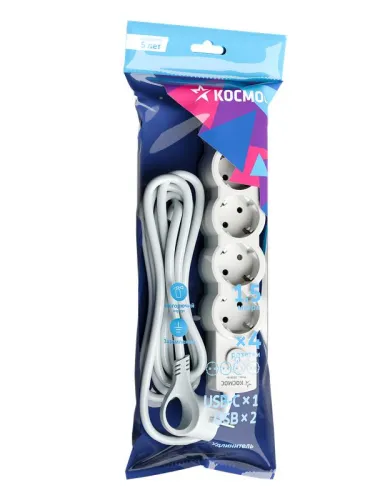 Удлинитель 4х1.5м с заземл. 10А IP20 USB type-Aх2 + type-C 2500Вт 220В ПВС 3х1 с выкл. бел. КОСМОС YKsm1.5m4g-Z-VU10А-W фото 3