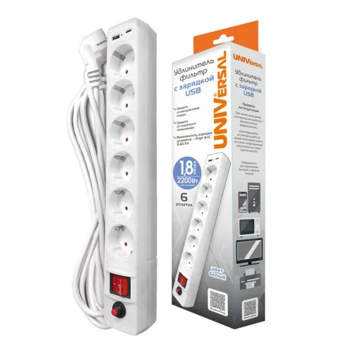 Удлинитель с сетевым фильтром 6х1.8м с заземл. 10А IP20 2.2кВт USB type-A + type-C ПВС 3х0.75 с выкл. бел. UNIVersal 2543 фото 2