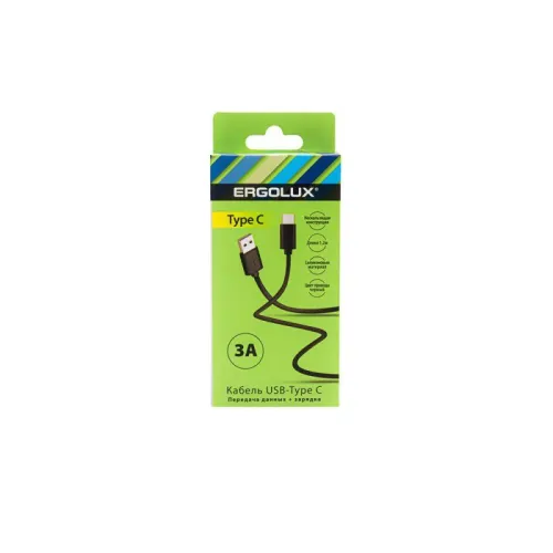 Кабель USB-Type C 3А 1.2м зарядка + передача данных черн. (коробка) ERGOLUX 15094 фото 4