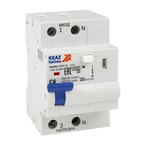 Устройство защиты от дугового пробоя с АВДТ и защ. от пов. напряж. OptiDin AFDD-40-22C6-A-У3 (2P C6 30mA Uоткл 275В) КЭАЗ 339082