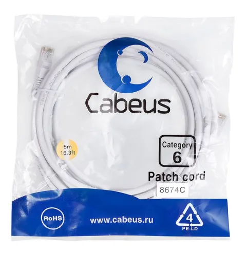 Патч-корд U/UTP кат.6 PC-UTP-RJ45-Cat.6-5m-WH 2xRJ45/8p8c неэкранир. PVC 5м бел. Cabeus 8674c