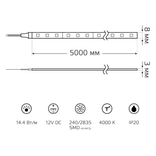 Лента светодиодная Basic 2835/240-SMD 14.4Вт/м 4000К нейтр. бел. IP20 1600лм/м 12В 10мм (уп.5м) GAUSS BT086 фото 5