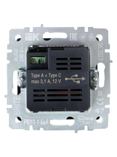 Розетка BRITE USB A+C 18Вт РЮ11-1-БрА механизм алюм. IEK BR-U22-018-K47 фото 3