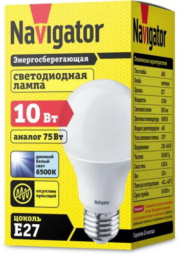 Лампа светодиодная 61 237 NLL-A60-10-230-6.5K-E27 10Вт грушевидная матовая 6500К холод. бел. E27 850лм 176-264В Navigator 61237 фото 2