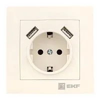 Розетка 1-м СП Валенсия 16А IP20 с заземл. защ. шторки с 2-мя заряд. устройствами USB 2.1А крем. PROxima EKF EWR16-028-20-2USB