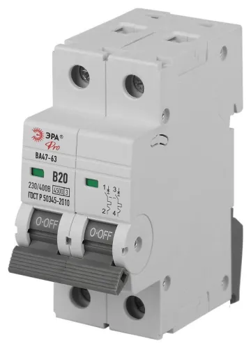 Выключатель автоматический 2п B 20А 4.5кА ВА47-63 PRO ЭРА Б0059380