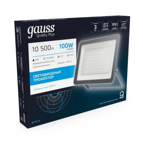 Прожектор светодиодный Qplus 100Вт 6500К IP65 10500лм 175-265В ДО графит. GAUSS 690511100 фото 5