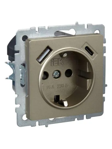 Розетка BRITE РЮш11-1-БрШ 16А с USB A+C 18Вт с заземл. защ. шторки механизм шампань IEK BR-R14-16-U22-018-K37 фото 7