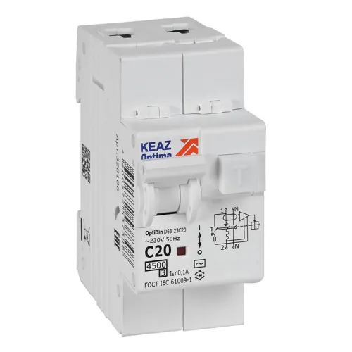 Выключатель автоматический дифференциального тока 2п OptiDin D63-23C20-AC-У3 C20 100мА 4.5кА с защитой от сверхтоков КЭАЗ 328106