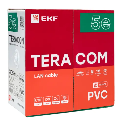 Кабель витая пара U/UTP кат.5E 4 пары solid PVC сер. TERACOM EKF TRC-5EUTP-04PVC-GY-IN3 фото 4