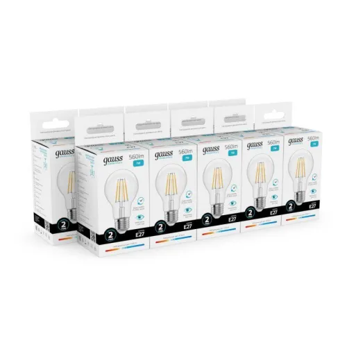 Лампа светодиодная филаментная Filament Elementary А60 7Вт 4100К Е27 560лм GAUSS 22227 фото 2