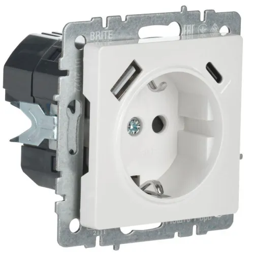 Розетка BRITE РЮш11-1-БрБ 16А с USB A+C 18Вт с заземл. защ. шторки механизм бел. IEK BR-R14-16-U22-018-K01 фото 2