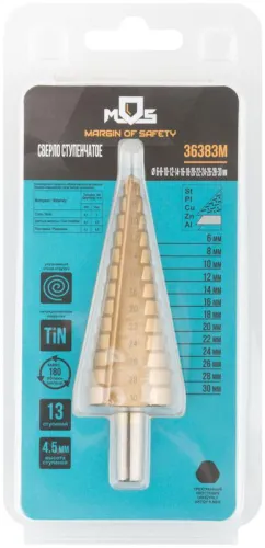 Сверло ступенчатое HSS по металлу 13 ступеней 6-30мм MOS 36383М фото 2