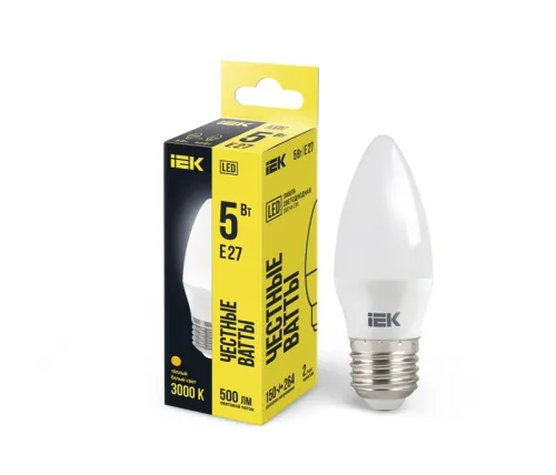 Лампа светодиодная C35 5Вт свеча 3000К тепл. бел. E27 450лм 230-240В IEK LLE-C35-5-230-30-E27
