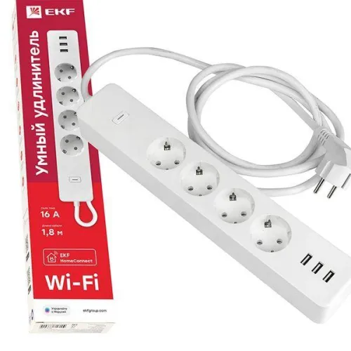 Удлинитель умный 4х1.8м 16А IP20 Connect Wi-Fi 3хUSB с выкл. с управлением по Wi-Fi PROxima EKF RCE-1-WF фото 3