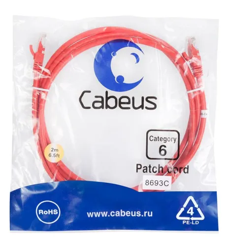 Патч-корд U/UTP кат.6 PC-UTP-RJ45-Cat.6-2m-RD 2xRJ45/8p8c неэкранир. PVC 2м красн. Cabeus 8693c