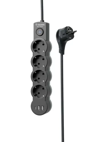 Удлинитель 3х1.5м с заземл. 10А IP20 USB 2500Вт 220В ПВС 3х1 с выкл. черн. КОСМОС YKsm1.5m4g-Z-VU10А-B фото 4